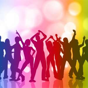 Crowd of people dancing on rainbow bokeh lights background
